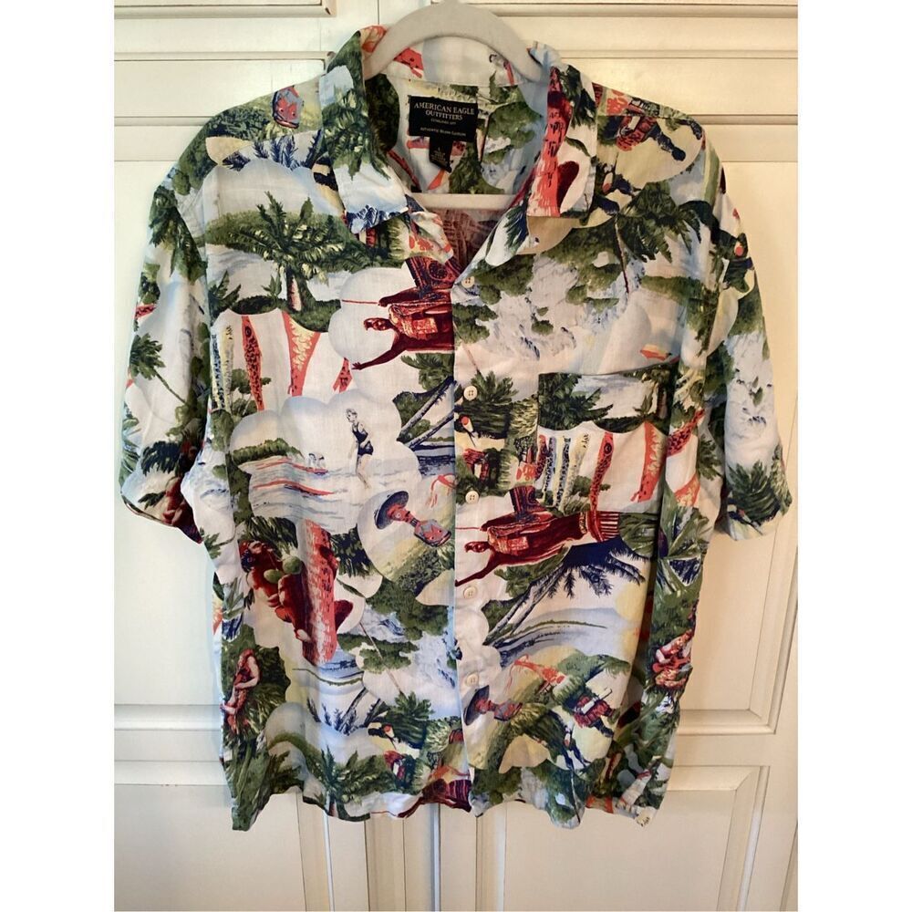 American Eagle Ohelo Wahine Hula Waterfall Sz L Button Down Shirt Linen Blend Ha